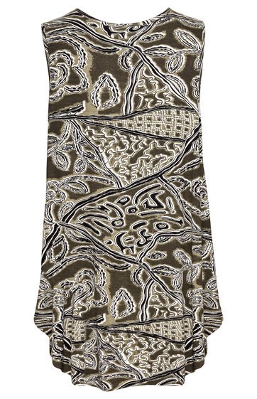 Ärmelloses Kleid in Braun mit abstraktem weißen Muster, rundem Halsausschnitt, ausgestelltem Rock mit asymmetrischem Saum