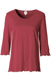 Rotes Langarmshirt mit Rundhalsausschnitt, leicht ausgestelltem Schnitt, gewelltem Saum an Ärmeln und unterem Saum