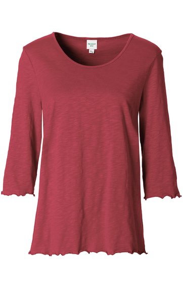 Rotes Langarmshirt mit Rundhalsausschnitt, leicht ausgestelltem Schnitt, gewelltem Saum an Ärmeln und unterem Saum