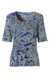 Blaues Halbarmshirt mit beigem Paisley-Muster, rundem Halsausschnitt, gerade geschnitten