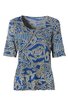 Blaues Halbarmshirt mit beigem Paisley-Muster, rundem Halsausschnitt, gerade geschnitten
