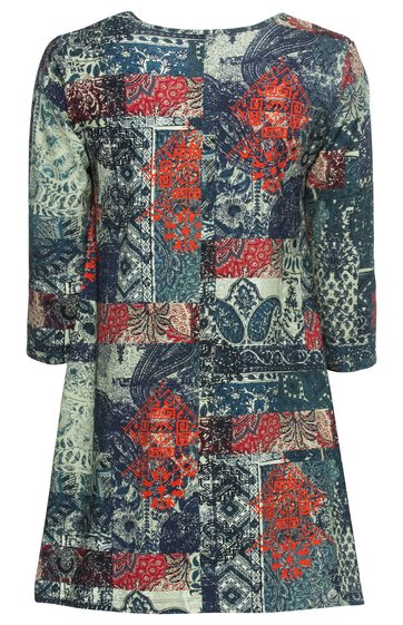 Langärmeliges Kleid mit Patchwork-Muster in Dunkelblau, Creme und Rot, Rundhalsausschnitt, tailliert, knielang