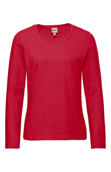 Hellrotes Langarmshirt, unifarben, Rundhalsausschnitt, gerade Form, ohne Muster, schlicht