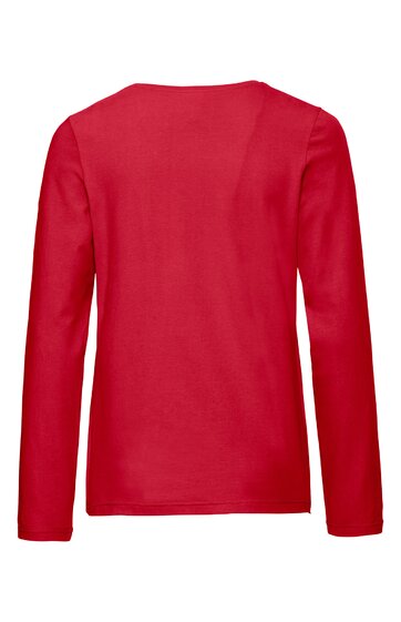 Rotes Langarmshirt, einfarbig, rundhalsausschnitt, gerade geschnitten, von hinten gezeigt