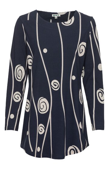 Dunkelblaues Damenoberteil mit weißen, vertikalen Linien und Spiralmustern, lange Ärmel, Rundhalsausschnitt, gerade geschnitten