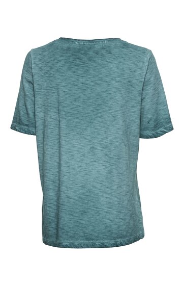 Kurzärmliges T-Shirt in petrolblau, meliert, Rundhalsausschnitt, gerade geschnitten, Rückenansicht