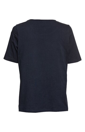 Schwarzes T-Shirt, uni ohne Muster, kurzer gerader Schnitt, Rundhalsausschnitt, kurze Ärmel