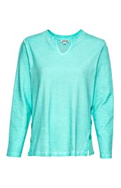 Langärmliges Shirt in türkis, unifarben, Rundhalsausschnitt mit kleinem V-Schlitz, gerade geschnitten, ohne sichtbare Muster oder Logos