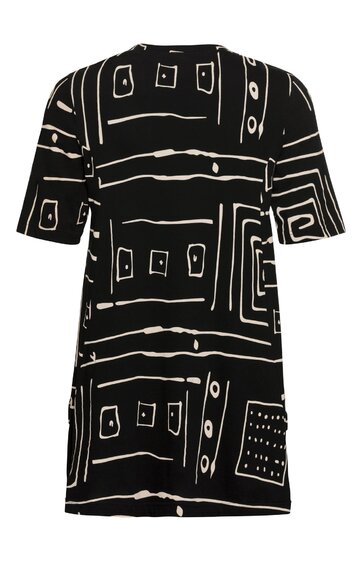 Schwarzes T-Shirt mit lockerem Schnitt, weißes abstraktes Linien- und Rechteckmuster, kurze Ärmel, Rundhalsausschnitt, gerade Form