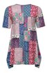 Kurzärmeliges Patchwork-T-Shirt in Blau-, Rot-, Rosa- und Lilatönen, mit rechteckigen Mustern, Rundhals, asymmetrischem Saum