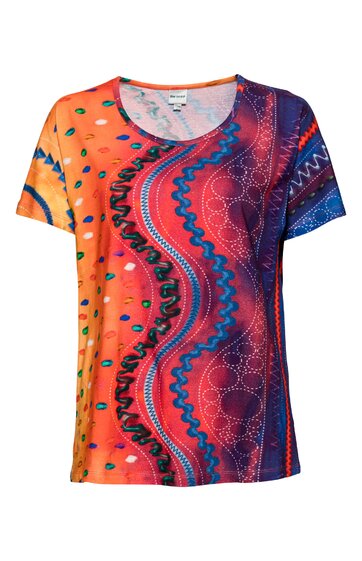 Kurzärmliges Damenoberteil, orange und blau mit buntem abstraktem Muster, Rundhalsausschnitt, gerade geschnitten