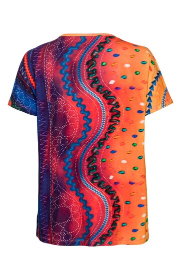 Kurzärmliges T-Shirt, Orange und Dunkelblau, asymmetrisches Muster mit wellenförmigen Linien und kleinen ovalen Farbtupfern, Rundhalsausschnitt, lockere Passform