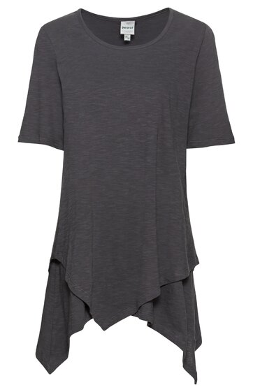 Damen-Tunika in dunkelgrau, unifarben, Rundhalsausschnitt, halblange Ärmel, asymmetrischer, zipfeliger Saum, locker fallend