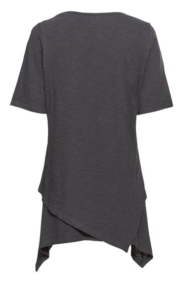 Dunkelgraues T-Shirt mit kurzen Ärmeln, asymmetrischem, zipfeligem Saum, Rundhalsausschnitt