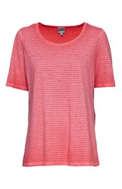 Korallenrotes T-Shirt mit feinem weißen Horizontalstreifen, Rundhalsausschnitt, kurze Ärmel, gerade geschnitten