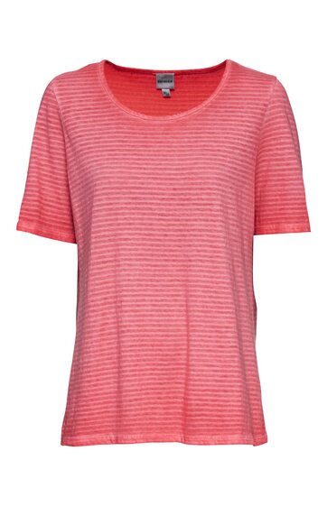 Korallenrotes T-Shirt mit feinem weißen Horizontalstreifen, Rundhalsausschnitt, kurze Ärmel, gerade geschnitten