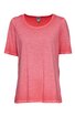 Korallenrotes T-Shirt mit feinem weißen Horizontalstreifen, Rundhalsausschnitt, kurze Ärmel, gerade geschnitten