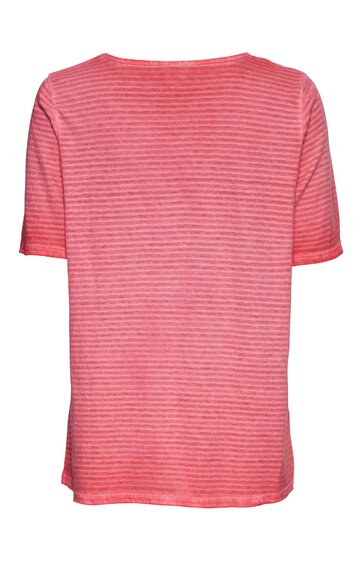 Rotes T-Shirt mit dünnen weißen horizontalen Streifen, Rundhalsausschnitt, kurze Ärmel, gerade geschnitten, Rückansicht