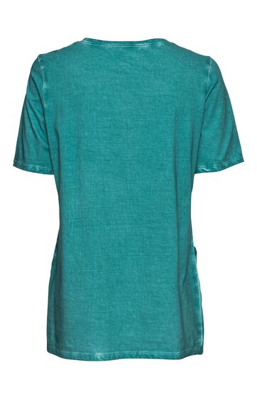 Türkisfarbenes T-Shirt ohne Muster, runder Ausschnitt, kurze Ärmel, gerade geschnitten, Rückansicht, einfache Gestaltung