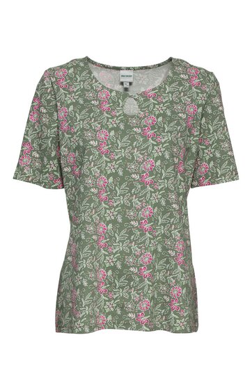 Damenoberteil, olivgrün mit rosa und weißen Blumen, rundhals, kurze Ärmel, locker geschnitten