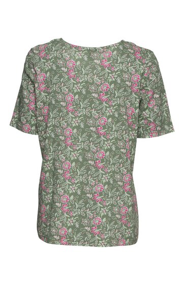 Damenbluse in grün mit rosa Blumenmuster, kurze Ärmel, rundhalsausschnitt, lockere Passform