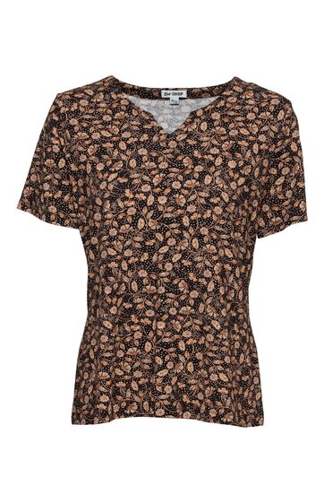 Damenbluse, schwarz mit beigem Blumenmuster, kurzer Ärmel, V-Ausschnitt, leicht tailliert