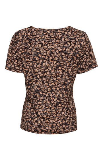 Damenbluse in Dunkelbraun mit beigem und orangefarbenem floralem Muster, kurzer Ärmel, Rundhalsausschnitt, gerade geschnitten