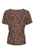 Damenbluse in Dunkelbraun mit beigem und orangefarbenem floralem Muster, kurzer Ärmel, Rundhalsausschnitt, gerade geschnitten