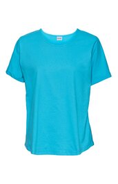 Türkisfarbenes T-Shirt, einfarbig, Rundhalsausschnitt, kurze Ärmel, lockere Passform, ohne Muster, ohne sichtbare Verzierungen
