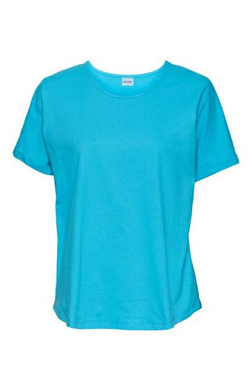 Türkisfarbenes T-Shirt, einfarbig, Rundhalsausschnitt, kurze Ärmel, lockere Passform, ohne Muster, ohne sichtbare Verzierungen