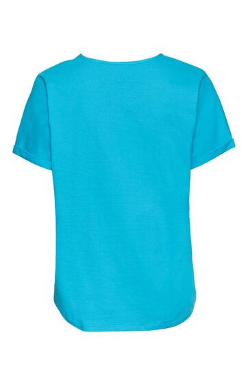 Hellblaues T-Shirt ohne Muster, kurze Ärmel, Rundhalsausschnitt, gerader Saum, Rückansicht