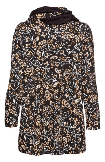 Schwarzer Damenmantel mit hellbeigen und weißen floralen Mustern, Stehkragen mit eingenähtem Schal, lange Ärmel, gerade geschnitten