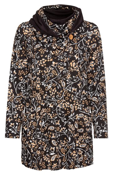 Schwarzer Kurzmantel mit beigebraunem floralem Muster, lange Ärmel, asymmetrischer Stehkragen mit zwei hellbraunen Knöpfen, halbseitig überlappende Front, gerade Form