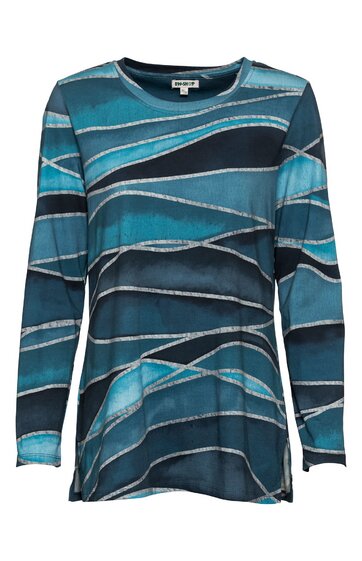 Langärmliges Damenoberteil in verschiedenen Blau- und Türkistönen, wellenförmiges abstraktes Muster, Rundhalsausschnitt, gerade geschnitten