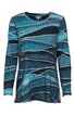 Langärmliges Damenoberteil in verschiedenen Blau- und Türkistönen, wellenförmiges abstraktes Muster, Rundhalsausschnitt, gerade geschnitten