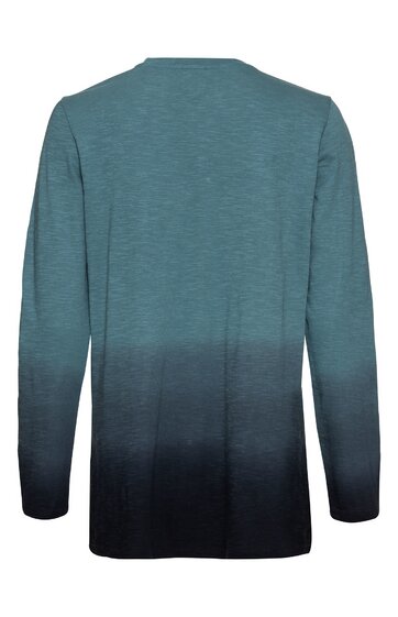 Langärmliges Damenoberteil, petrolfarben mit dunkelblauem Farbverlauf, rundhals, gerade geschnitten, Rückansicht