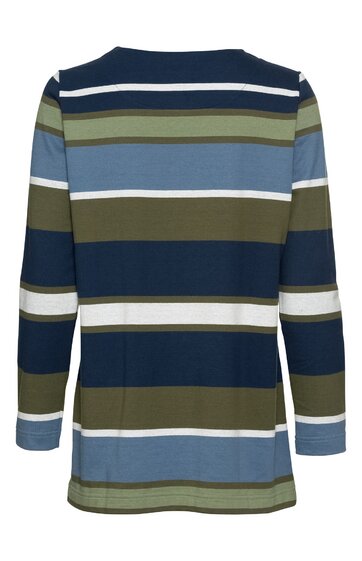 Langärmeliges Shirt in Blau, Dunkelblau, Grün und Weiß, streifenmuster horizontal, Rundhalsausschnitt, gerade geschnitten, Rückenansicht