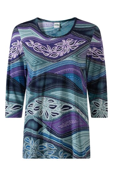 Damenpullover mit Rundhalsausschnitt, 3/4-langen Ärmeln, zeichnungsmuster in Blau-, Lila- und Grüntönen, florale und geometrische Motive, leicht taillierte Form