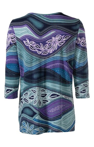 Langärmliges Damenoberteil in gedeckten Blautönen und Violett, abstraktes Wellenmuster mit punktierten Linien und floralen Elementen, rundhals, gerader Schnitt