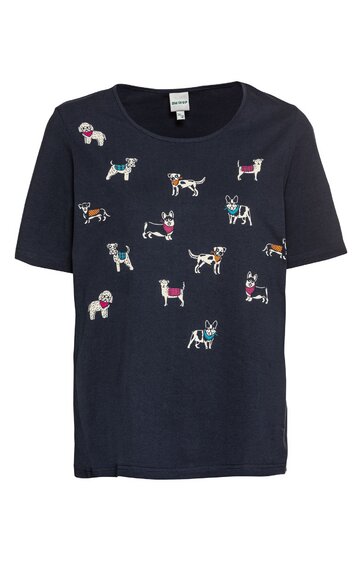 Dunkelblaues T-Shirt mit kurzen Ärmeln, Rundhalsausschnitt, bedruckt mit bunten, kleinen Hunderassen in verschiedenen Positionen, gerade geschnitten