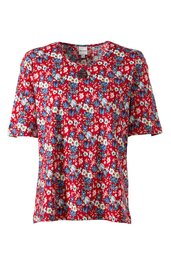 Rotes Damenoberteil mit blau-weißen und schwarzen Blumenmustern, kurze Ärmel, rundhalsausschnitt, gerade geschnitten
