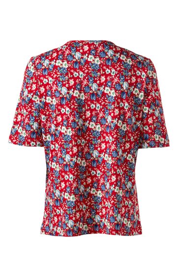 Rotes Kurzarmshirt mit blauem und weißem Blumenmuster, rundem Ausschnitt, gerade geschnittener Rücken, schlichter Saum