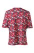 Rotes Kurzarmshirt mit blauem und weißem Blumenmuster, rundem Ausschnitt, gerade geschnittener Rücken, schlichter Saum