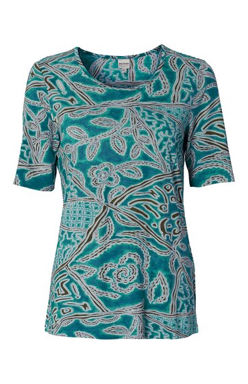 Kurzärmeliges Rundhalsshirt in Türkis mit abstraktem, weißem und schwarzem Muster, schmal geschnitten