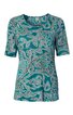 Kurzärmeliges Rundhalsshirt in Türkis mit abstraktem, weißem und schwarzem Muster, schmal geschnitten