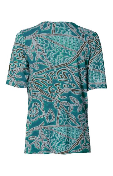 Türkisfarbenes T-Shirt mit abstraktem Muster in Hellrosa und Dunkelblau, Rundhalsausschnitt, kurze Ärmel, gerade geschnitten