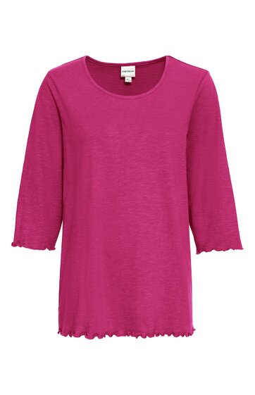 Damenoberteil fuchsiafarben, einfarbig, rundhalsausschnitt, dreiviertellange Ärmel, leicht gewellte Abschlusskanten an Ärmeln und Saum