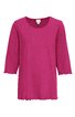 Damenoberteil fuchsiafarben, einfarbig, rundhalsausschnitt, dreiviertellange Ärmel, leicht gewellte Abschlusskanten an Ärmeln und Saum