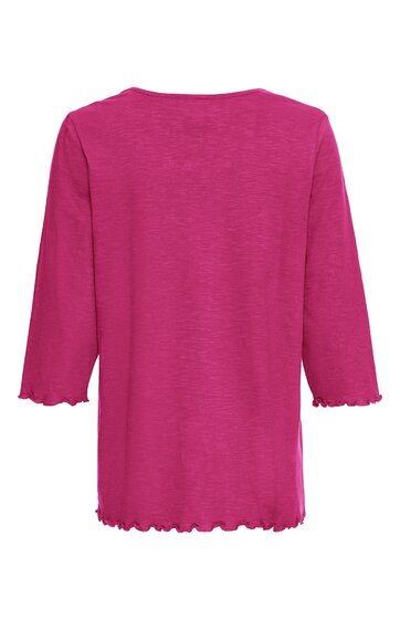Damenoberteil in pink, einfarbig, Rundhalsausschnitt, 3/4-Ärmel, Saum und Ärmelenden mit gewelltem Abschluss, gerade geschnitten