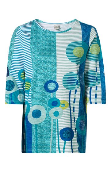Damenoberteil in Türkis und Weiß mit vertikalen Streifen und rundem Kreismuster in Blau und Hellgrün, Rundhalsausschnitt, 3/4-Ärmel, gerade geschnitten
